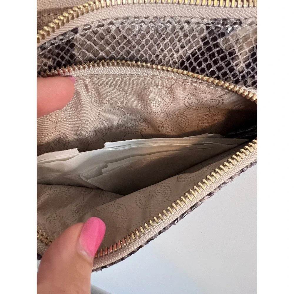 Michael Kors Snakeskin Embossed Crossbody Bag Grey Black Gold MK Logo